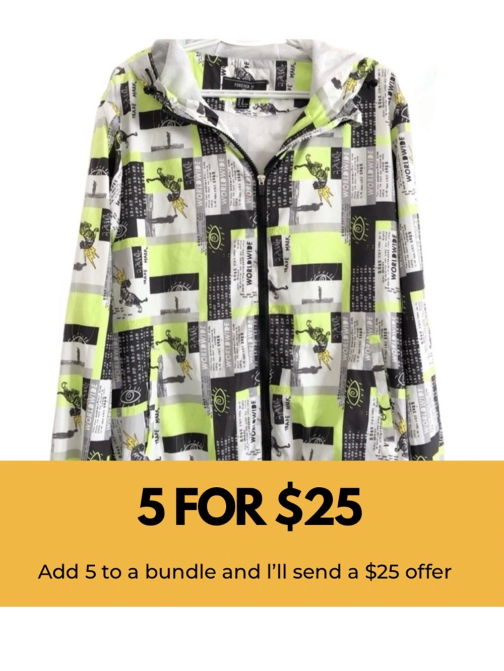 Bold print hooded windbreaker.